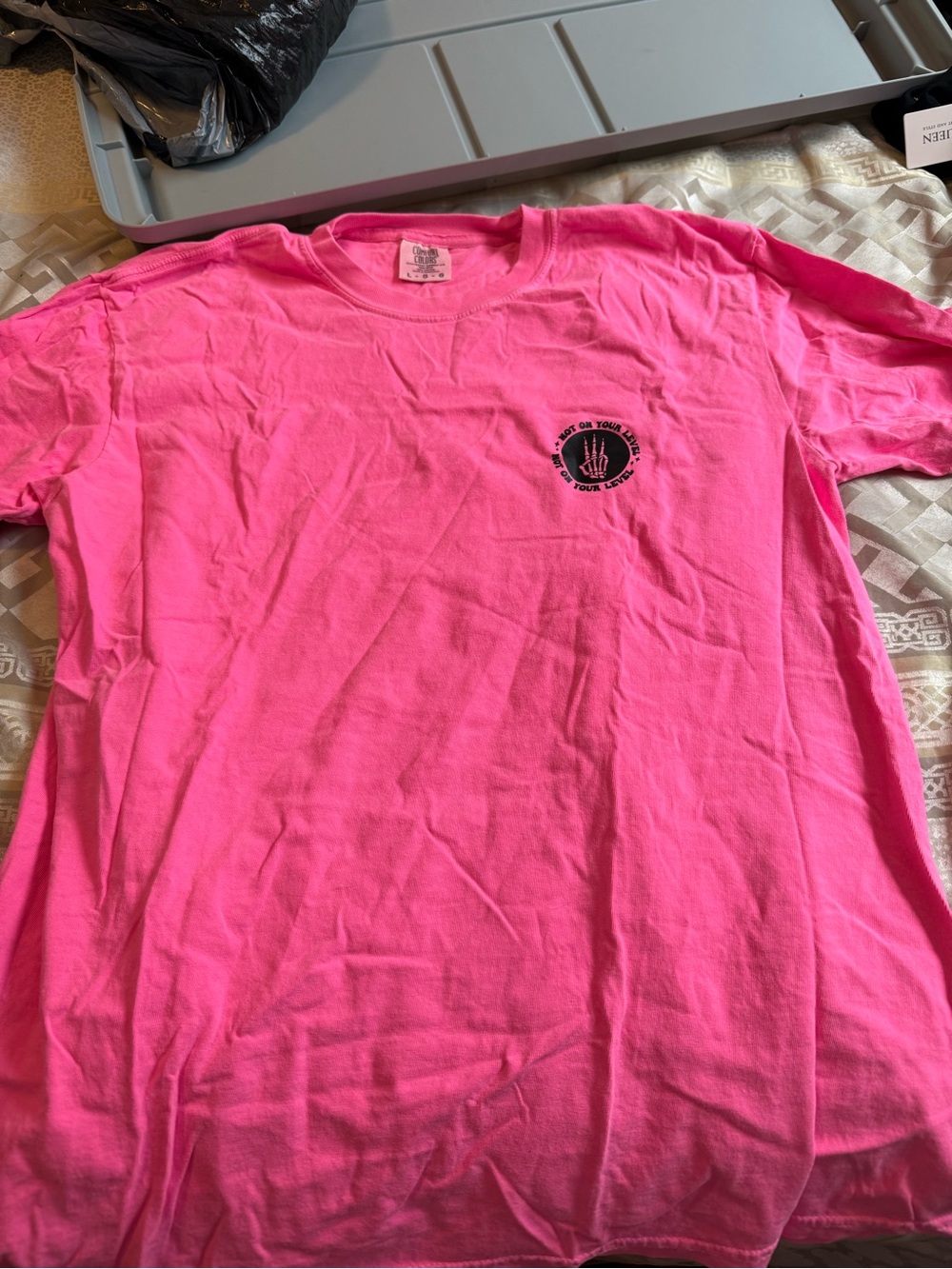 Bright Neon Pink Graphic Tee with Small Chest Logo